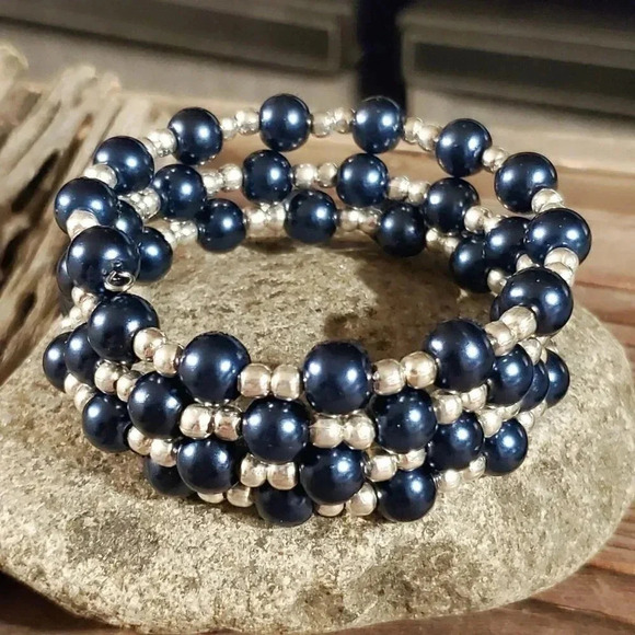 Handcrafted Dark Blue Glass Pearl Silver Beads Wrap Bracelet - Picture 1 of 5